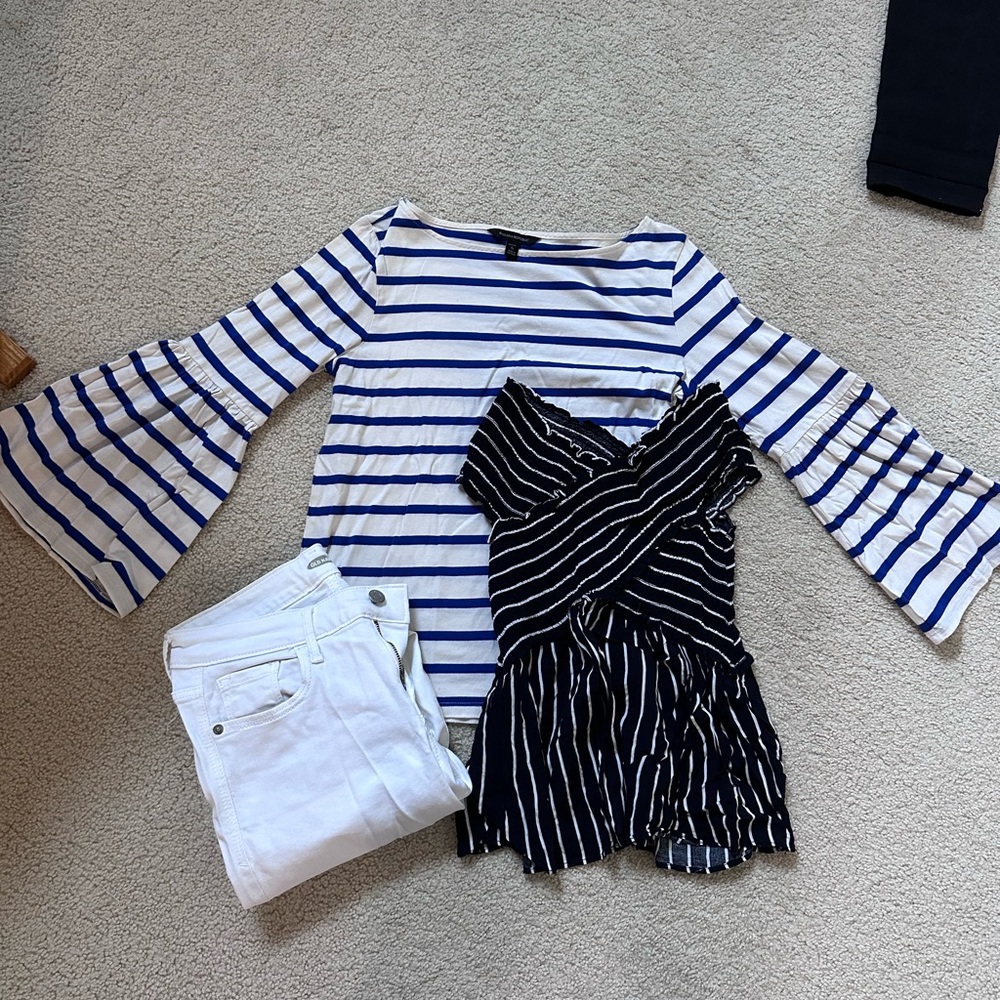 Stripped tops (banana republic, soprano) and white pants (old navy)
